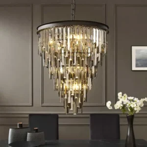 KRISTALL Luxus Kronleuchter 50cm grau mit Glasprismen schwarz Eisen Hängelampe