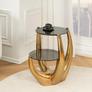LEVELS Handgefertigter Beistelltisch 50cm gold antik Schwarzglas schwarz Metall