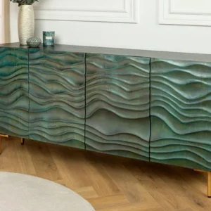 Design Sideboard WAVE 160cm Mangoholz Massivholz mattgold Metallbeine