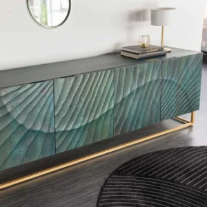 Massives Sideboard SCORPION 180cm türkis Mangoholz gold Metall 3D Schnitzereien