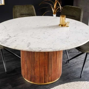 GATSBY Runder Esstisch 140cm braun gold Mangoholz weiße Marmorplatte Säulenfuß