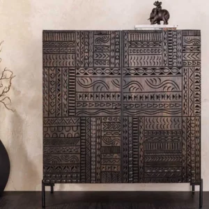 TRIBAL Massives Highboard 120cm antik braun Mangoholz 3D-Front viel Stauraum