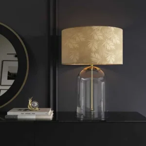 CLASSICO Moderne Tischlampe transparent Glas weiß gold Leinenschirm