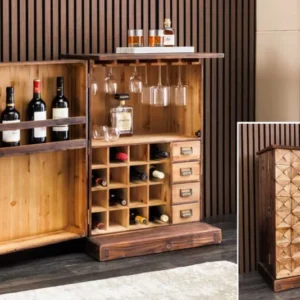 Design Barschrank BODEGA 90cm natur Pinienholz Weinregal Glashalter Schubladen