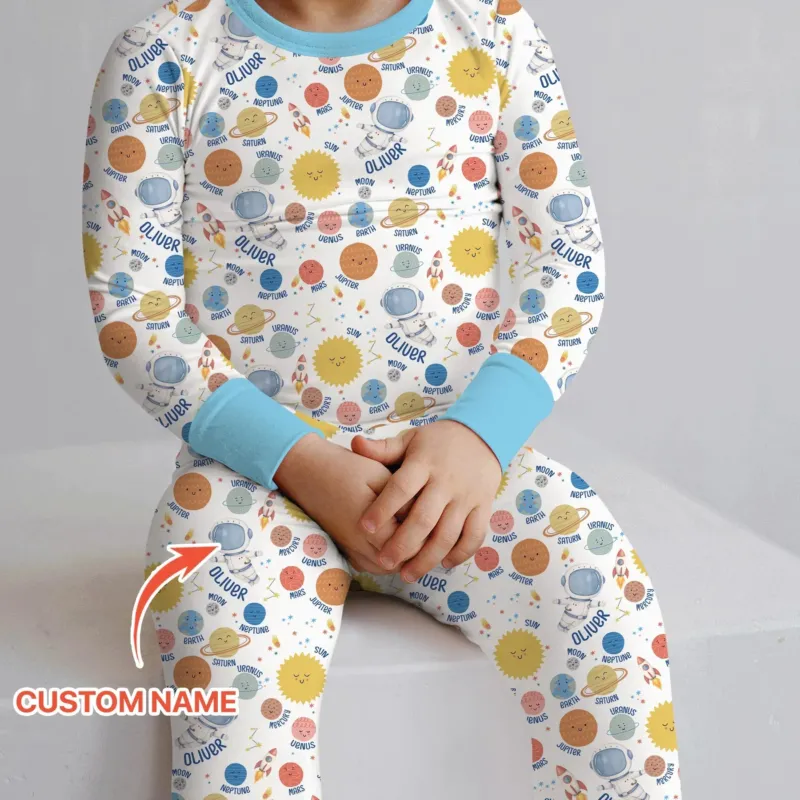 Custom Name Little's Kid into Universer Bamboo Two Piece Long Sleeve Pajama Set