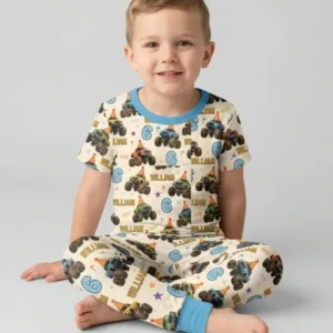 Custom Name Birthday Boy Monster Truck Bamboo Two Piece Short Sleeve Pajama Set
