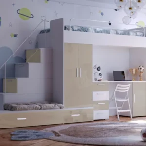 Kinderhochbett Adventure – mit zwei Schlafplätzen, Schreibtisch & viel Stauraum