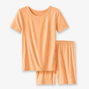 Orange Ribbed Bamboo Two Piece Short Sleeve Shorts Pajama Set