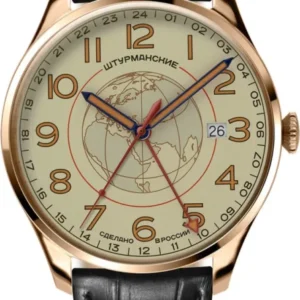 Herrenuhr mit roségoldfarbenem Gehäuse, schwarzem Lederband und farbigem Zifferblatt