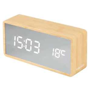 LED-Spiegel-Wecker mit Holzgehäuse: Anzeige 15:03, 18°C