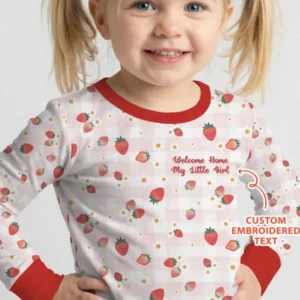 Embroidered Custom Text Strawberry Bamboo Two Piece Long Sleeve Pajama Set