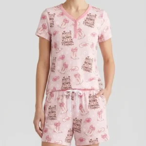 Western Cowgirl Boots And Bows Bamboo Women Short Sleeve Short Pajama Set