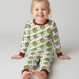 Custom Name Grumpy Green Christmas Bamboo Two Piece Long Sleeve Pajama Set