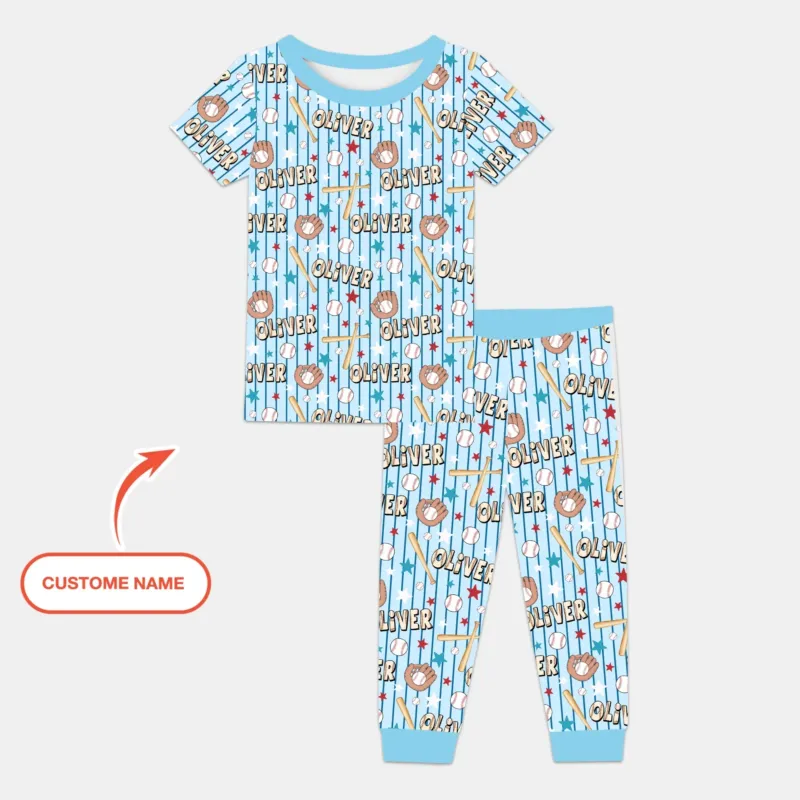 Custom name Little Baller Bamboo Two Piece Short Sleeve Pajama Set