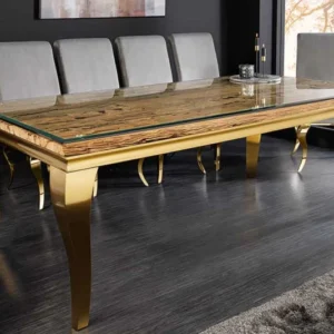 MODERN BAROCK Design Esstisch 200cm natur Teakholz Edelstahl Glasplatte