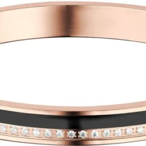 Armband aus Edelstahl mit schwarzem Zierstreifen und funkelnden Strasssteinen, roségoldfarbenes Finish