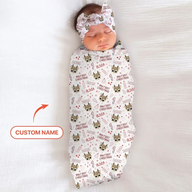Custom Name Cute Reindeer My First Christmas Bamboo Swaddle Blanket
