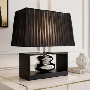 Dekorative Tischlampe GRACIA 35cm schwarz silber mit neigbarem Stoffschirm Holzfuß
