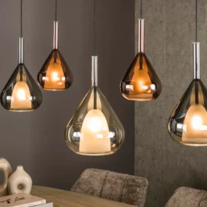 Pendelleuchte "Lysandra“ – 5 tropfenförmige Glasschirme in Bernstein, Kupfer und Chrom