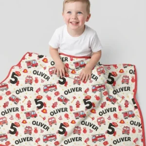Custom Name Fire Truck Birthday Boy Bamboo Blanket