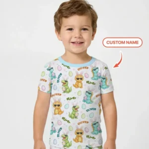 Custom Name Dinosaur on the Hunt Bamboo Two Piece Short Sleeve Pajama Set