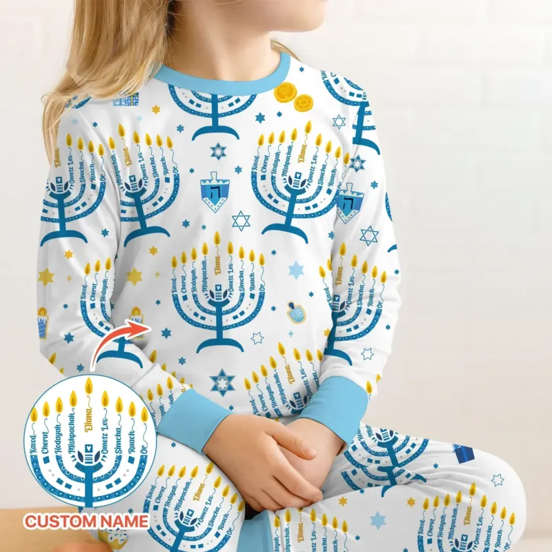 Hanukkah Custom Name Bamboo Two Piece Long Sleeve Pajama Set