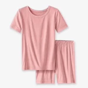 Apple Blossom Ribbed Bamboo Two Piece Short Sleeve Shorts Pajama Set