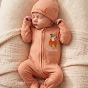 Custom Name Pumpkin Duckling Embroidered Ribbed Bamboo Zipper Footie