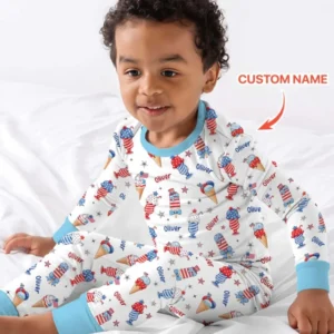 Custom Name Red, White & Ice Cream Bamboo Two Piece Long Sleeve Pajama Set