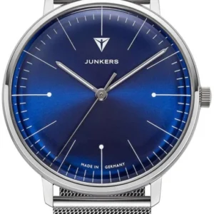 Junkers Herrenuhr mit blauem Zifferblatt, schlankem Mesh-Armband und runder Lünette