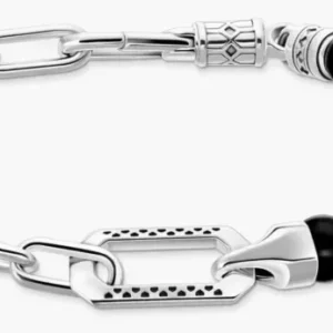 Armband mit silbernen Kettengliedern und schwarzen Onyx-Perlen, mit Verschluss