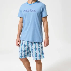 Pyjama Homme Pacifique Manches courtes Imprimé banc de baleines bleues 1