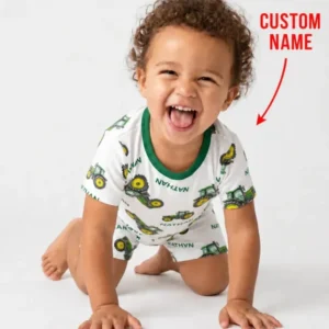 Custom Name Green Tractors Matching Daddy & Me Bamboo Two Piece Short Sleeve Shorts Pajama Set