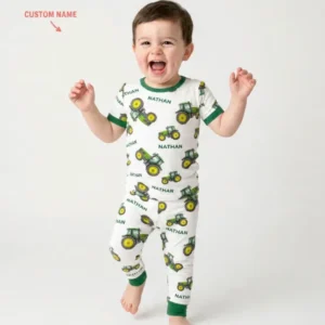 Custom Name Green Tractors Matching Daddy & Me Bamboo Two Piece Short Sleeve Pajama Set