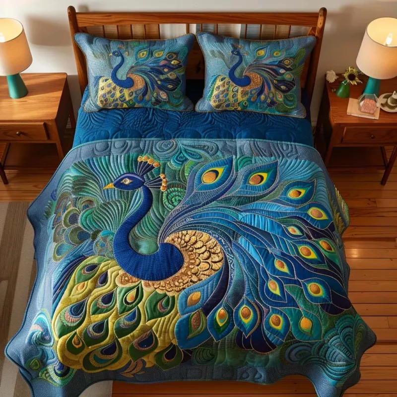 Art Deco Peacock Elegance Bamboo Quilt Bedding Set