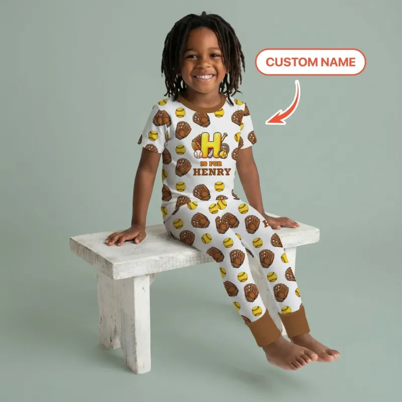 Softball Patterns Customized Bamboo Two Piece Short Sleeve Pajama Set