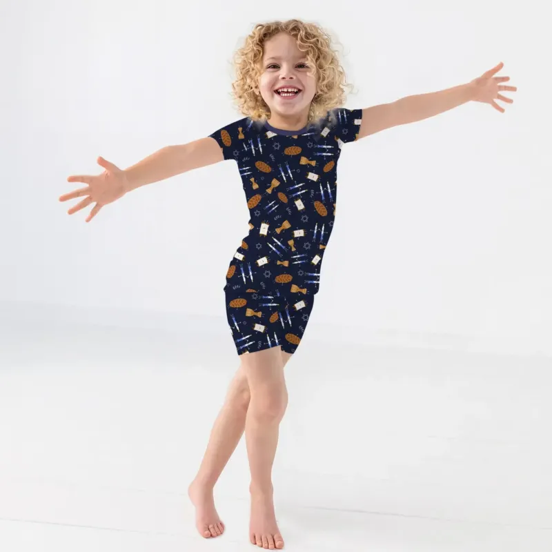 Shabbat Shalom Family Matching Bamboo Two Piece Short Sleeve Shorts Pajama Set