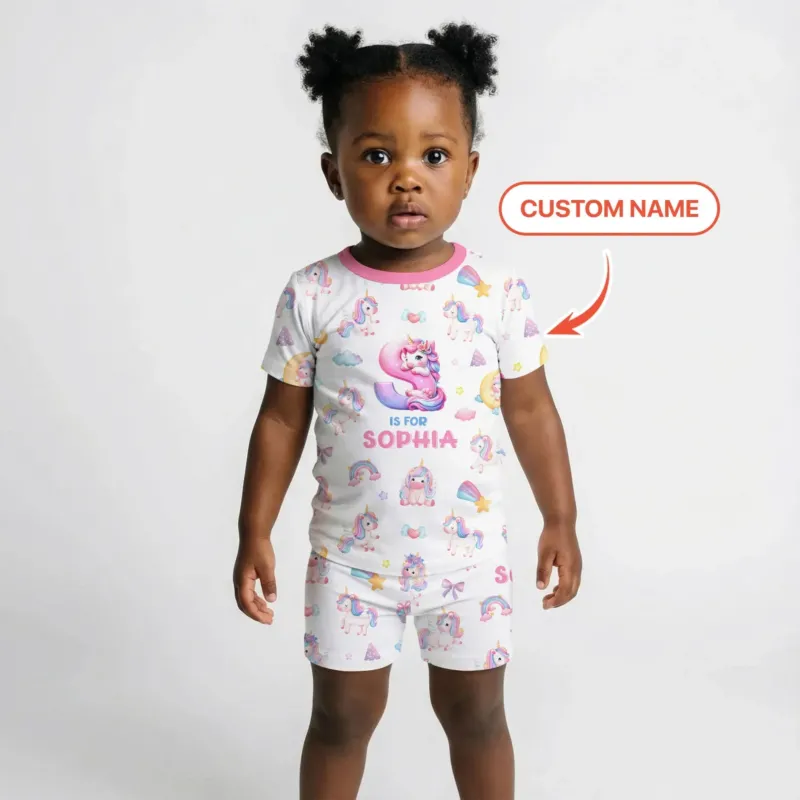 Unicorn Dreams Custom Name Bamboo Two Piece Short Sleeve Shorts Pajama Set