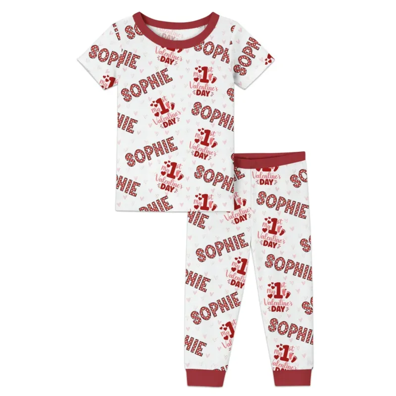 Custom Name My 1st Valentine's Day Bamboo Two Piece Short Sleeve Pajama Set
