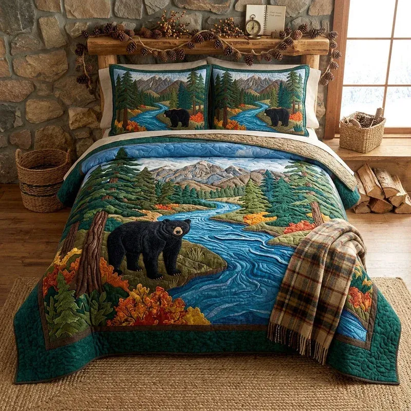 Autumn River Bear Bamboo Quilt Bedding Set
