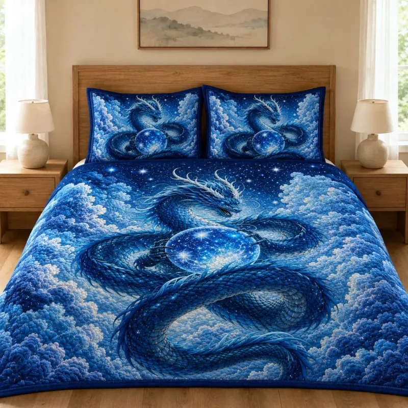 Azure Celestial Orb Dragon Bamboo Quilt Bedding Set