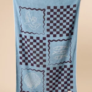 TBCo Cotton Beach Towel in Blue Coast with woven seaside motifs, natural and recycled fibres, Certified B-Corp, Women-Founded, designed to make an impact