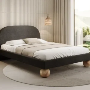 Designer Polsterbett Milo in Bouclé mit runden Holzfüßen