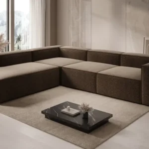 Designer Ecksofa Lesley mit langer Ottomane in Strukturstoff