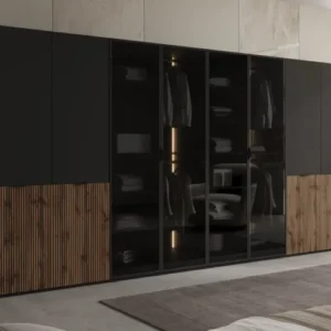 Moduro Arven XL – Viermoduliger Design-Kleiderschrank mit Holz- und Glasfront