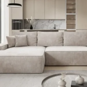 Designer Ecksofa Verona mit breiter Ottomane mit Schlaf- und Klappfunktion in Cord