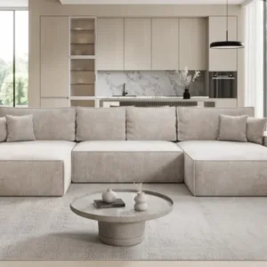 Designer Sofa Verona U mit breiter Ottomane mit Schlaffunktion und Stauraum in Cord