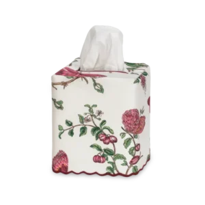 Matouk Baudin Butterfly tissue box cover in ivory with pink floral and green botanical print.