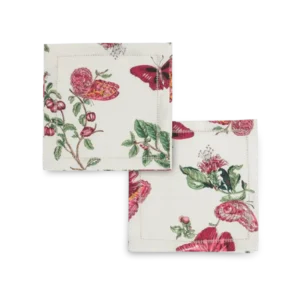 Matouk Baudin Butterfly cocktail napkins, ivory linen with crimson floral and butterfly print.