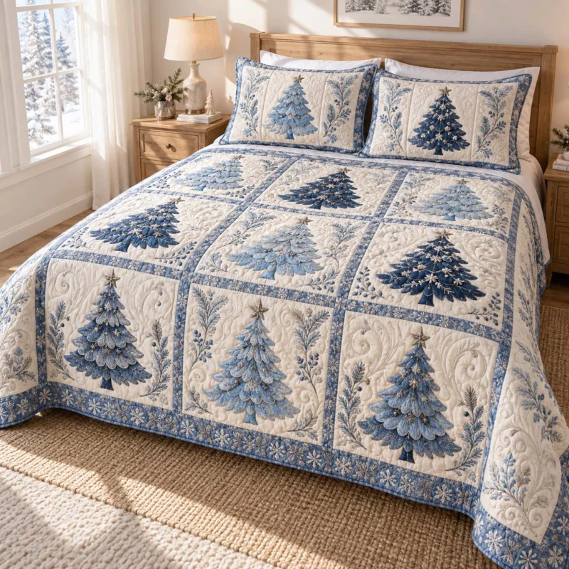 Blue Christmas Tree Patchwork Bamboo Quilt Bedding Set